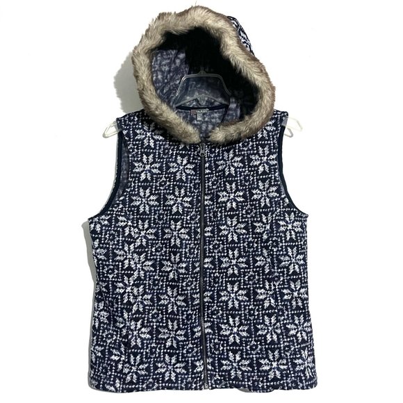 Talbots Petites Fair Isle Knit Vest Faux Fur Hood Pockets - Picture 1 of 9